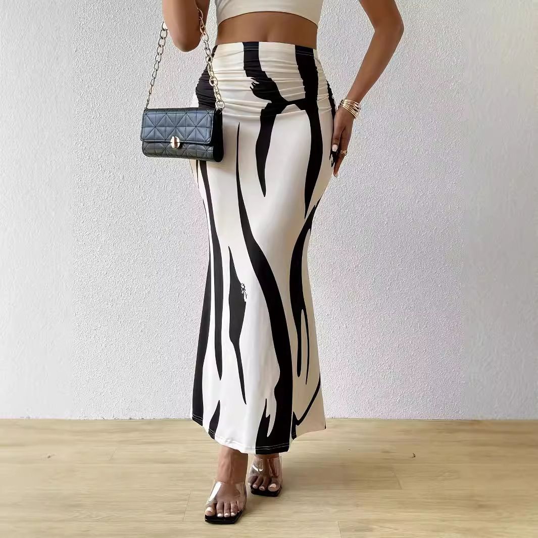 Clothes > Women's Clothing > Bottoms > Skirts  European and American zebra pattern to make you look slim and tall, hot selling half-body tight high waist fish tail pencil long skirt