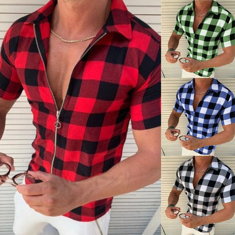 Clothes > Men's Clothing > Tops > T-Shirts European and American lapels four-sided plaid printed shirts for men slim and fashionable zipper cardigan short-sleeved lining
