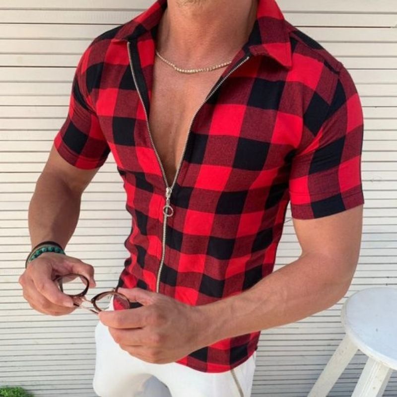 Clothes > Men's Clothing > Tops > T-Shirts European and American lapels four-sided plaid printed shirts for men slim and fashionable zipper cardigan short-sleeved lining