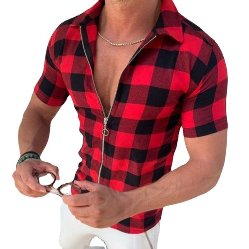 Clothes > Men's Clothing > Tops > T-Shirts European and American lapels four-sided plaid printed shirts for men slim and fashionable zipper cardigan short-sleeved lining