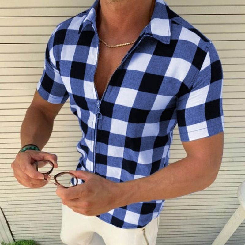Clothes > Men's Clothing > Tops > T-Shirts European and American lapels four-sided plaid printed shirts for men slim and fashionable zipper cardigan short-sleeved lining