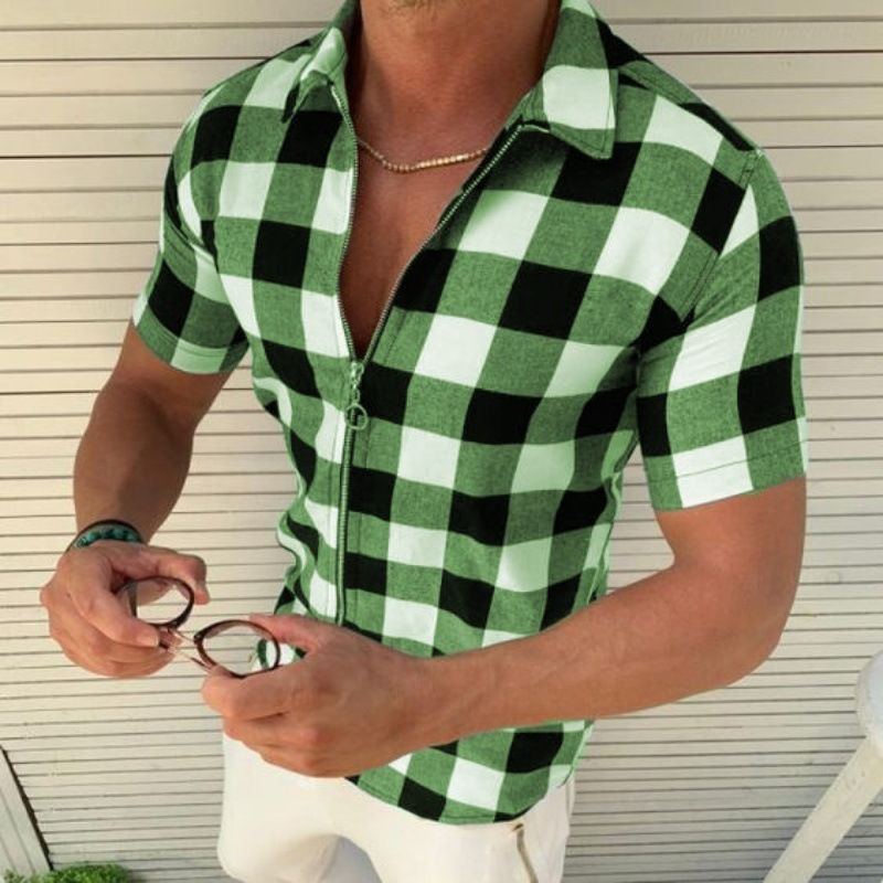 Clothes > Men's Clothing > Tops > T-Shirts European and American lapels four-sided plaid printed shirts for men slim and fashionable zipper cardigan short-sleeved lining