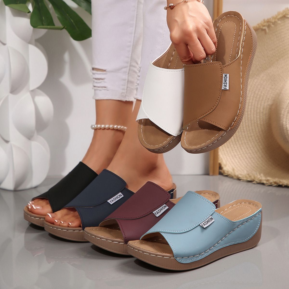 Shoes > Women's Shoes > Sandals > Flats Sandals  Large size one-length strap heel thick-soled fish-mouth sandals in summer beach open-toe outside casual shoes