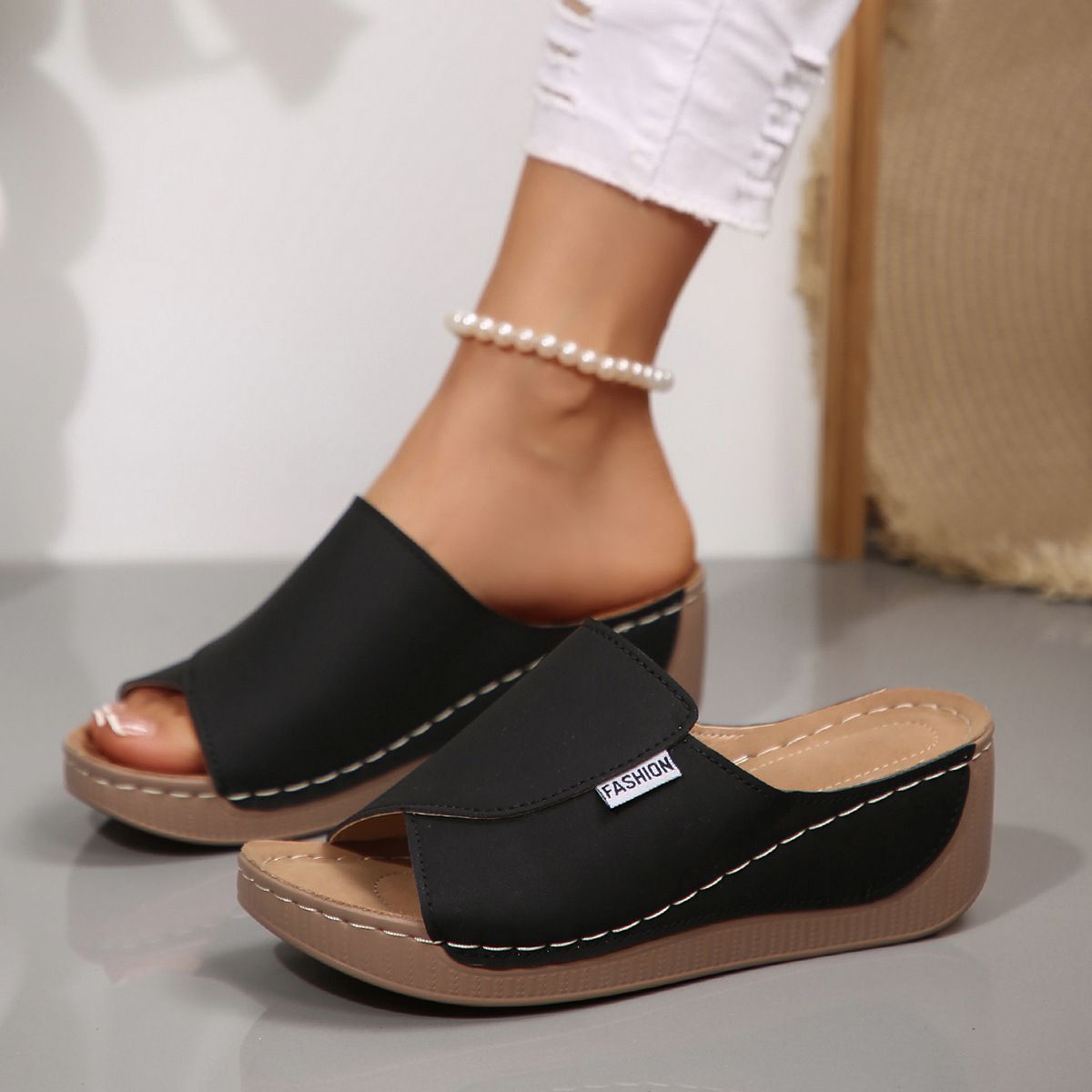 Shoes > Women's Shoes > Sandals > Flats Sandals  Large size one-length strap heel thick-soled fish-mouth sandals in summer beach open-toe outside casual shoes