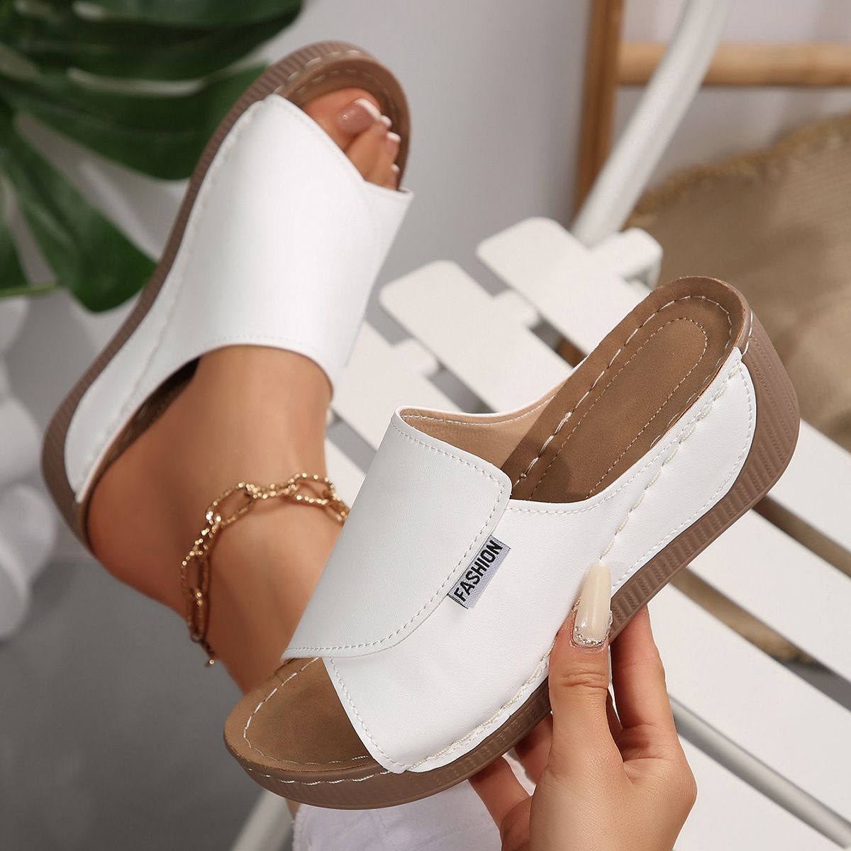 Shoes > Women's Shoes > Sandals > Flats Sandals  Large size one-length strap heel thick-soled fish-mouth sandals in summer beach open-toe outside casual shoes
