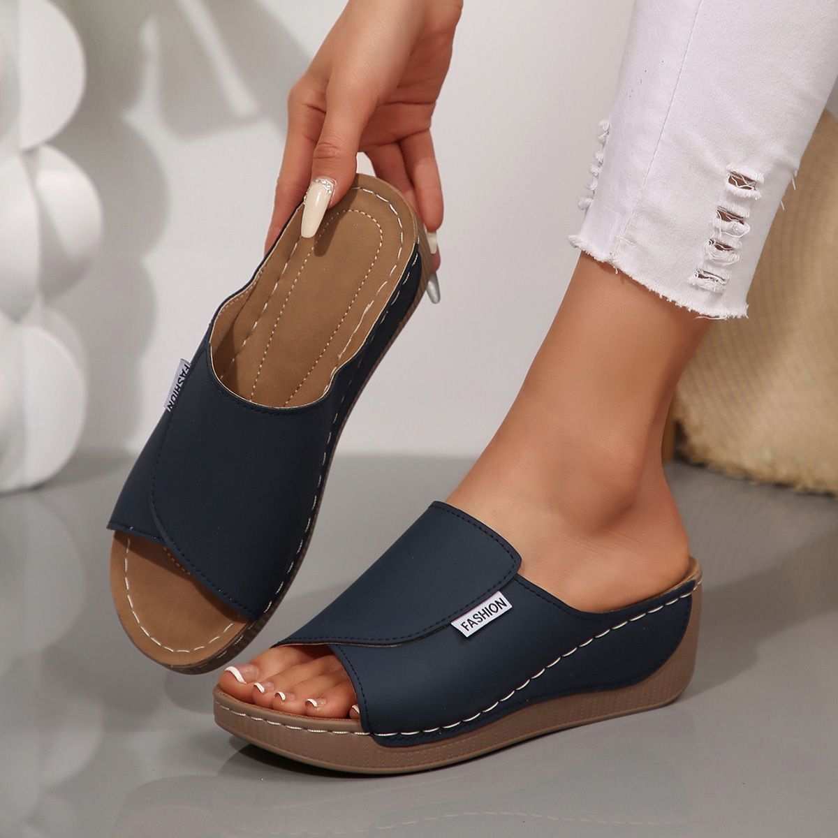 Shoes > Women's Shoes > Sandals > Flats Sandals  Large size one-length strap heel thick-soled fish-mouth sandals in summer beach open-toe outside casual shoes