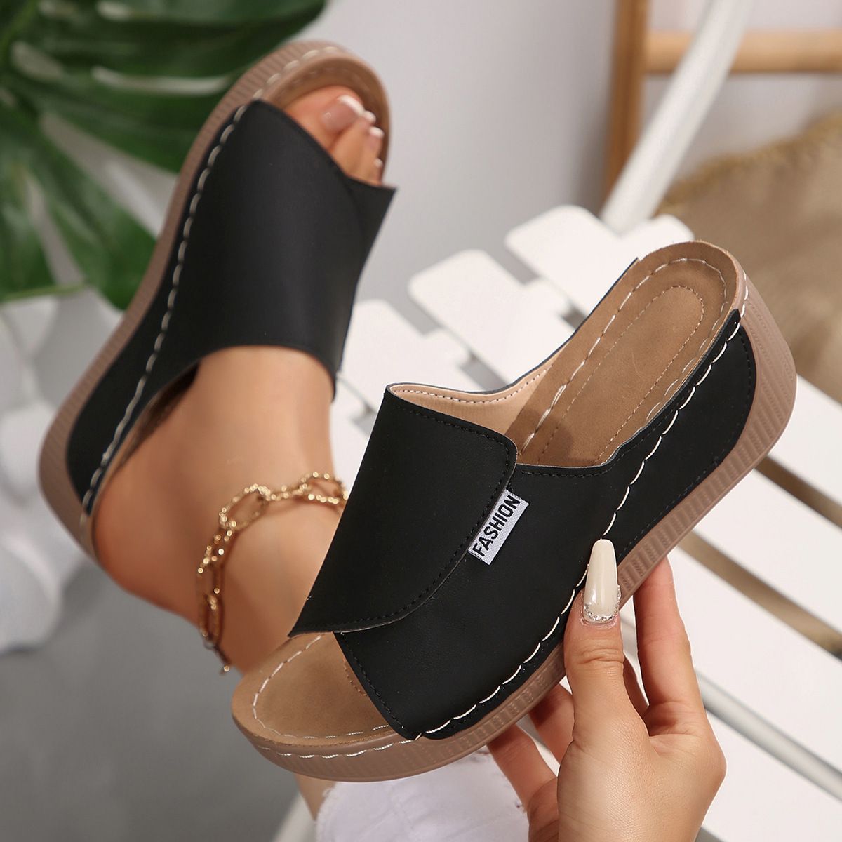 Shoes > Women's Shoes > Sandals > Flats Sandals  Large size one-length strap heel thick-soled fish-mouth sandals in summer beach open-toe outside casual shoes
