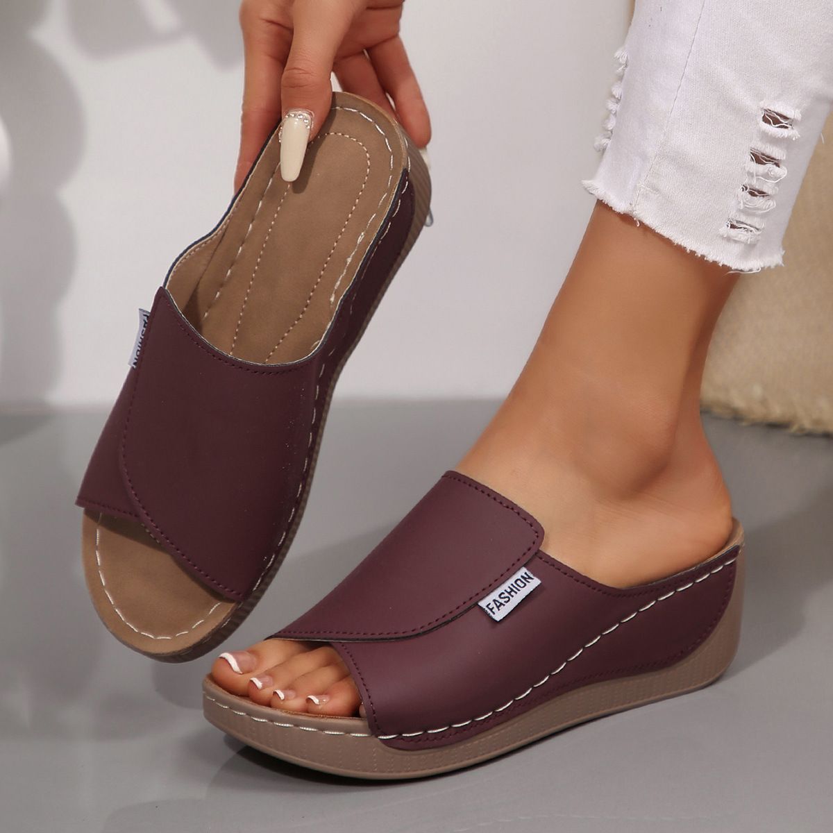 Shoes > Women's Shoes > Sandals > Flats Sandals  Large size one-length strap heel thick-soled fish-mouth sandals in summer beach open-toe outside casual shoes