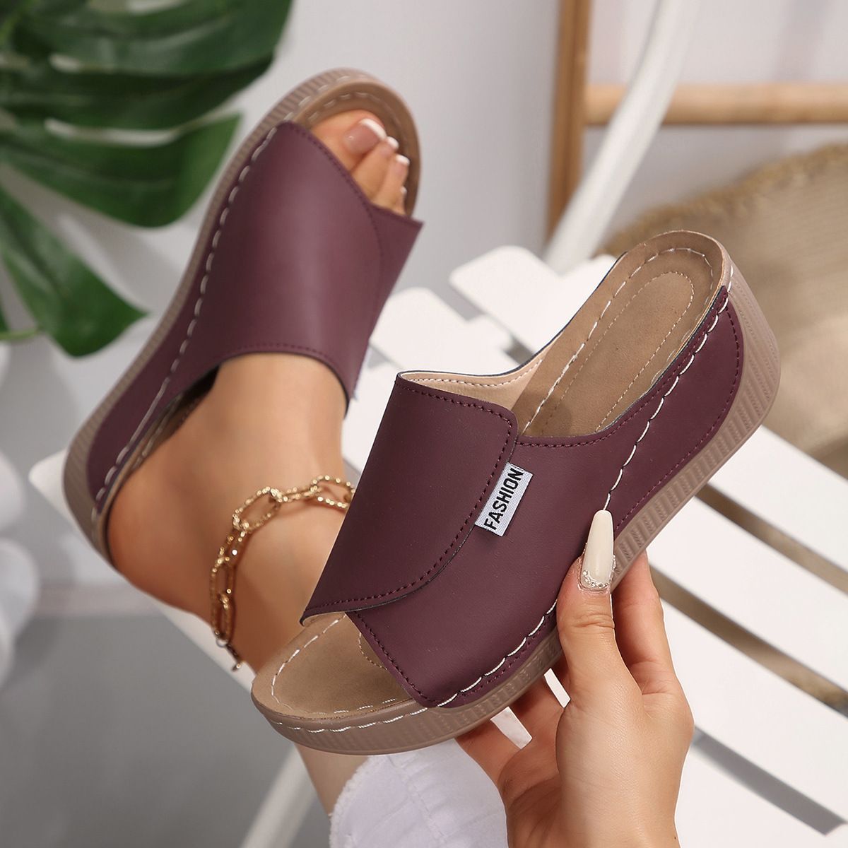 Shoes > Women's Shoes > Sandals > Flats Sandals  Large size one-length strap heel thick-soled fish-mouth sandals in summer beach open-toe outside casual shoes