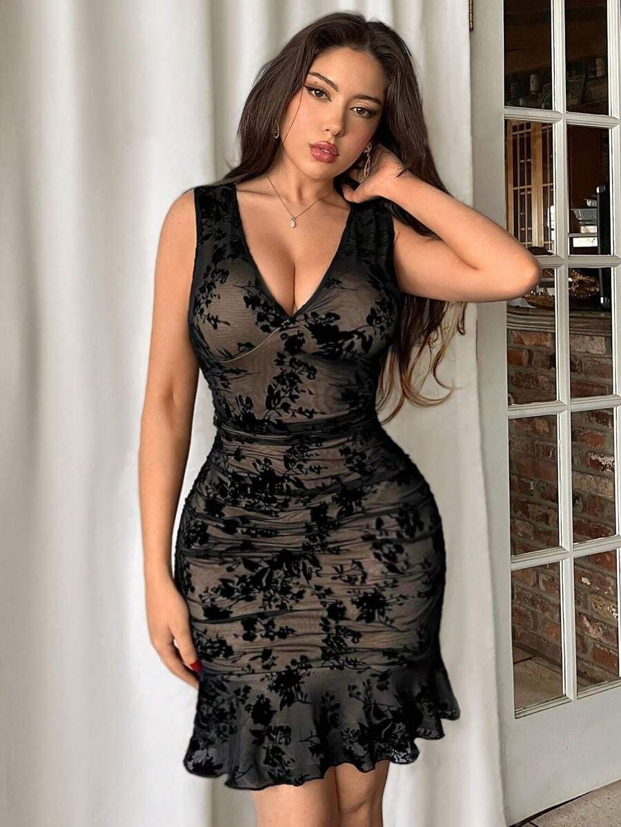 Clothes > Women's Clothing > Dresses Summer Women's Elegant Deep V Neck Sleeveless Mini Dress Ruffle Black Dress