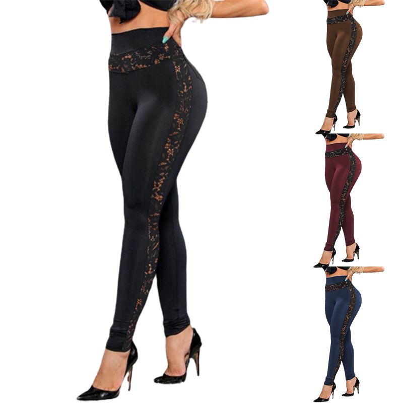 Clothes > Women's Clothing > Bottoms > Pants European and American summer solid color lace spliced hip lifting sweatpants yoga pants tight leggings women's clothing