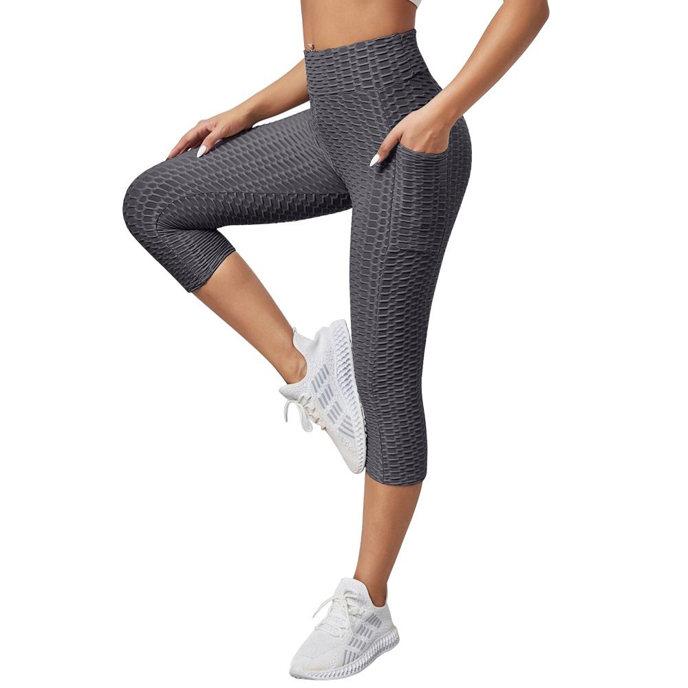Clothes > Women's Clothing > Bottoms > Pants  New jacquard bubble yoga pants for women with high waist hip lifting exercise fitness pants slim-fitting cropped pants yoga leggings
