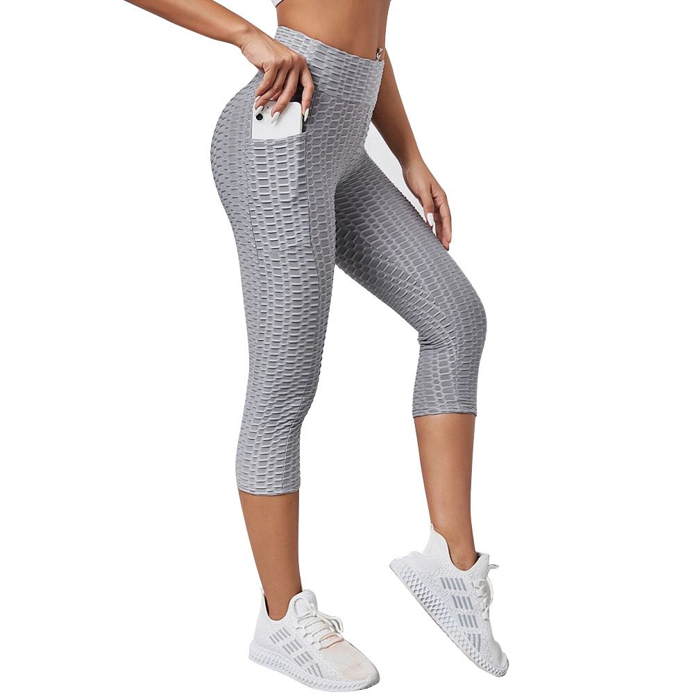 Clothes > Women's Clothing > Bottoms > Pants  New jacquard bubble yoga pants for women with high waist hip lifting exercise fitness pants slim-fitting cropped pants yoga leggings