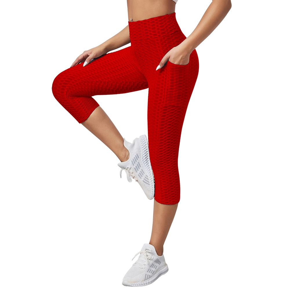 Clothes > Women's Clothing > Bottoms > Pants  New jacquard bubble yoga pants for women with high waist hip lifting exercise fitness pants slim-fitting cropped pants yoga leggings