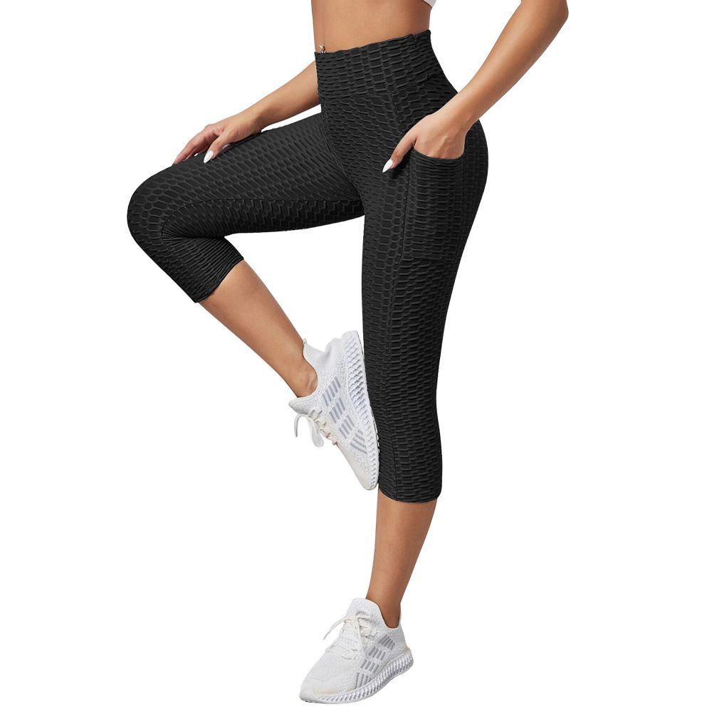 Clothes > Women's Clothing > Bottoms > Pants  New jacquard bubble yoga pants for women with high waist hip lifting exercise fitness pants slim-fitting cropped pants yoga leggings