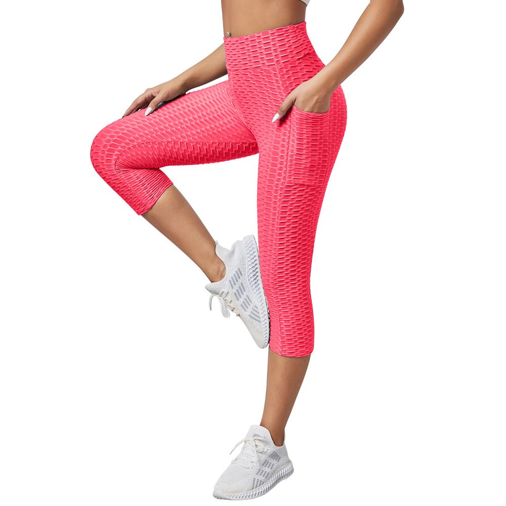 Clothes > Women's Clothing > Bottoms > Pants  New jacquard bubble yoga pants for women with high waist hip lifting exercise fitness pants slim-fitting cropped pants yoga leggings