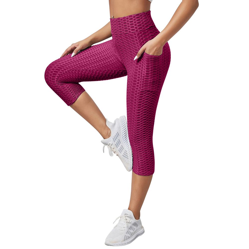 Clothes > Women's Clothing > Bottoms > Pants  New jacquard bubble yoga pants for women with high waist hip lifting exercise fitness pants slim-fitting cropped pants yoga leggings