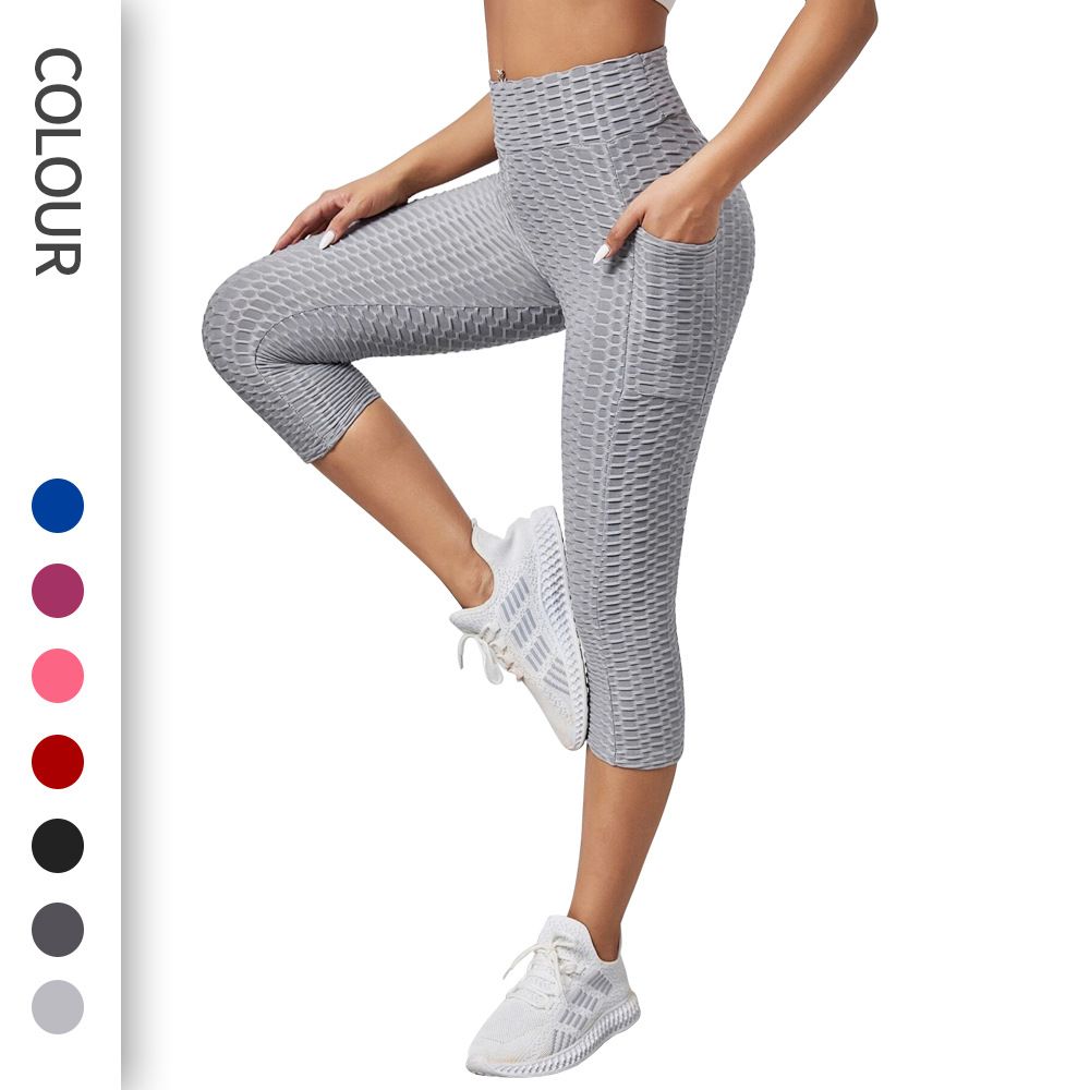 Clothes > Women's Clothing > Bottoms > Pants  New jacquard bubble yoga pants for women with high waist hip lifting exercise fitness pants slim-fitting cropped pants yoga leggings