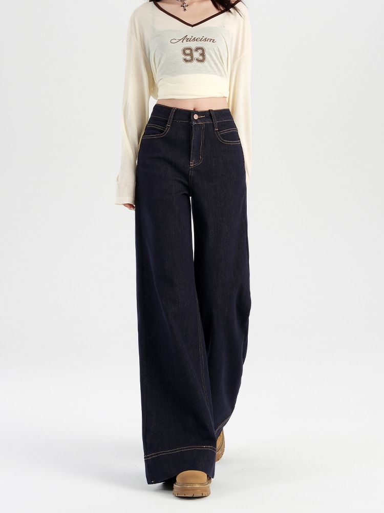 Clothes > Women's Clothing > Bottoms > Pants High Street Personalized Korean Style Straight Jeans Women's New High Waist Slim and High Wide Legs Floating Jeans Trendy