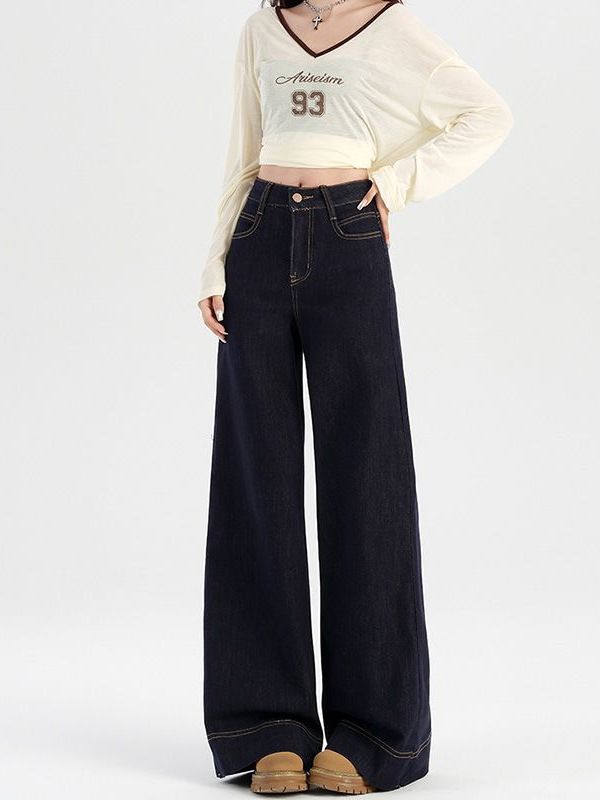 Clothes > Women's Clothing > Bottoms > Pants High Street Personalized Korean Style Straight Jeans Women's New High Waist Slim and High Wide Legs Floating Jeans Trendy
