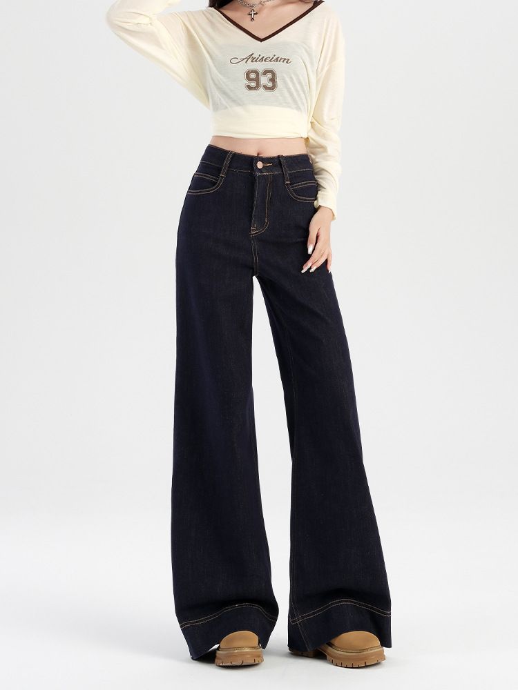 Clothes > Women's Clothing > Bottoms > Pants High Street Personalized Korean Style Straight Jeans Women's New High Waist Slim and High Wide Legs Floating Jeans Trendy