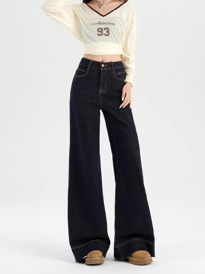 Clothes > Women's Clothing > Bottoms > Pants High Street Personalized Korean Style Straight Jeans Women's New High Waist Slim and High Wide Legs Floating Jeans Trendy