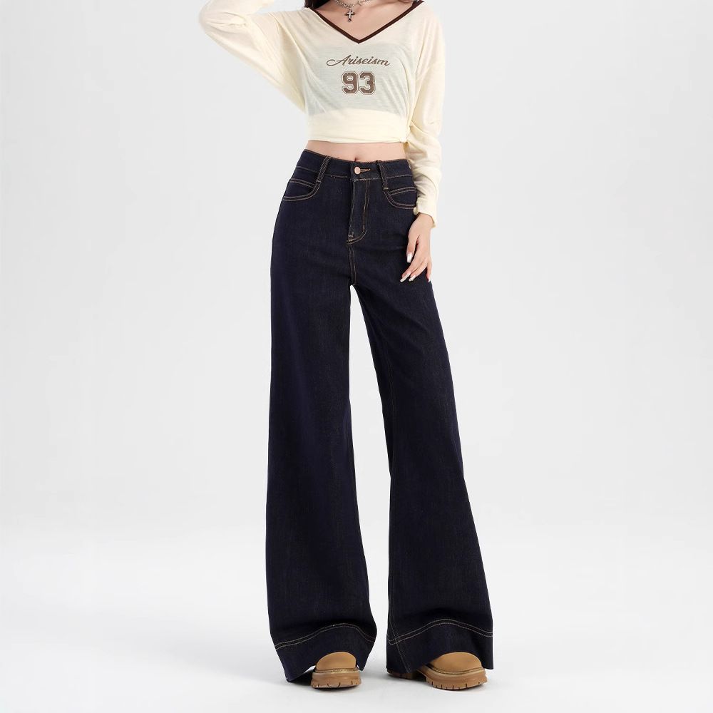 Clothes > Women's Clothing > Bottoms > Pants High Street Personalized Korean Style Straight Jeans Women's New High Waist Slim and High Wide Legs Floating Jeans Trendy