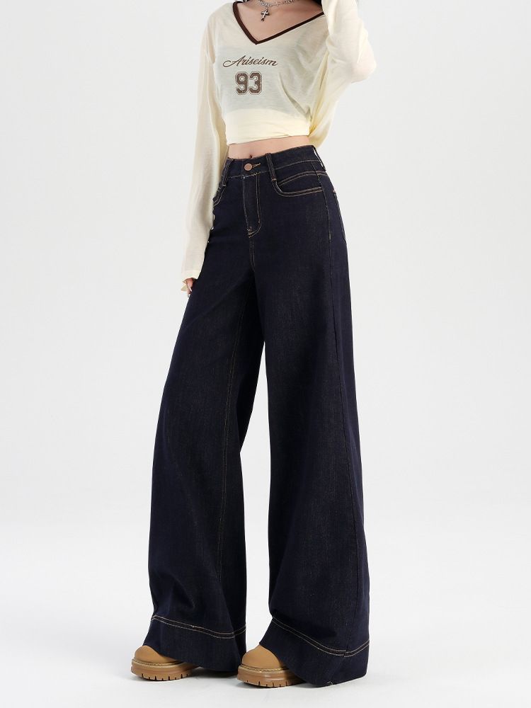 Clothes > Women's Clothing > Bottoms > Pants High Street Personalized Korean Style Straight Jeans Women's New High Waist Slim and High Wide Legs Floating Jeans Trendy