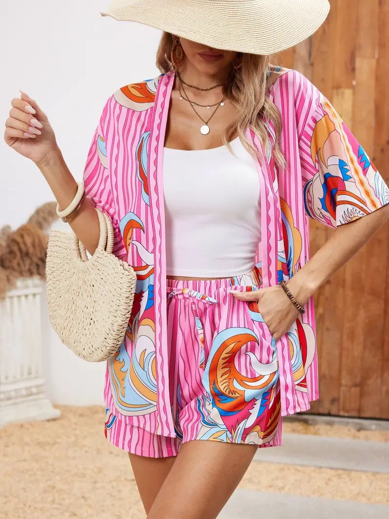 Clothes > Women's Clothing > Clothing Sets > Two-Piece Outfits Vacation Print Elegant Two-Piece Shirt Short Sleeve Top Lace High Waist Shorts