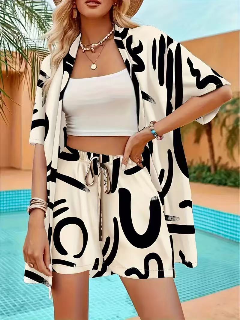 Clothes > Women's Clothing > Clothing Sets > Two-Piece Outfits Vacation Print Elegant Two-Piece Shirt Short Sleeve Top Lace High Waist Shorts