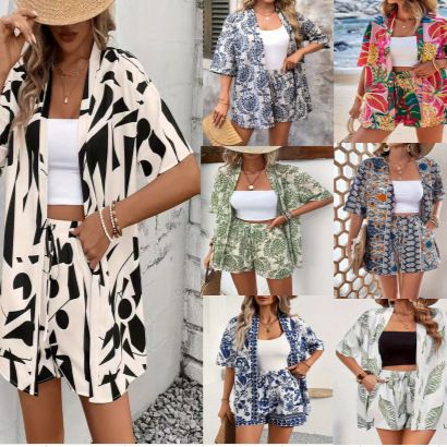 Clothes > Women's Clothing > Clothing Sets > Two-Piece Outfits Vacation Print Elegant Two-Piece Shirt Short Sleeve Top Lace High Waist Shorts