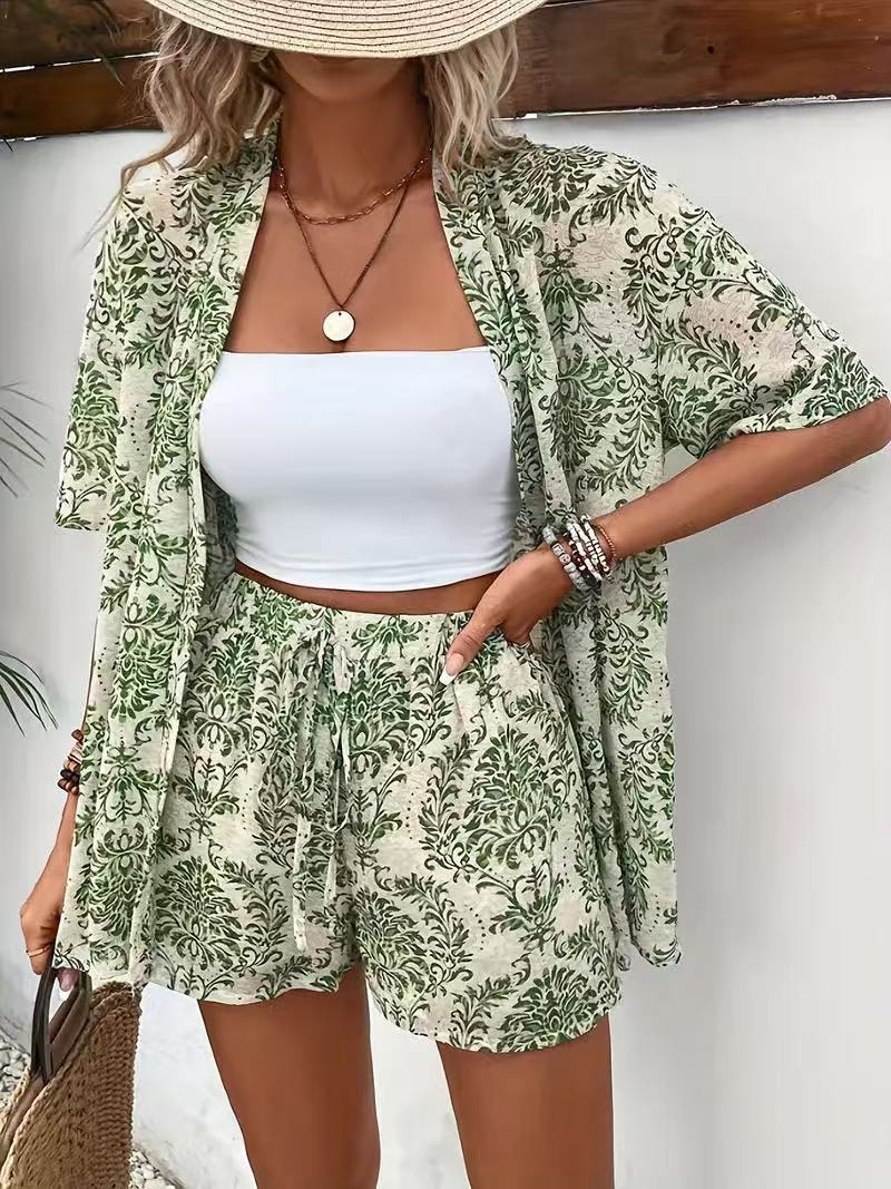 Clothes > Women's Clothing > Clothing Sets > Two-Piece Outfits Vacation Print Elegant Two-Piece Shirt Short Sleeve Top Lace High Waist Shorts