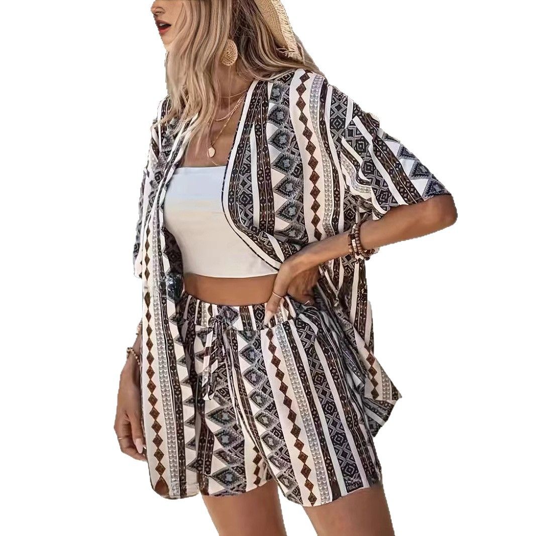 Clothes > Women's Clothing > Clothing Sets > Two-Piece Outfits Vacation Print Elegant Two-Piece Shirt Short Sleeve Top Lace High Waist Shorts