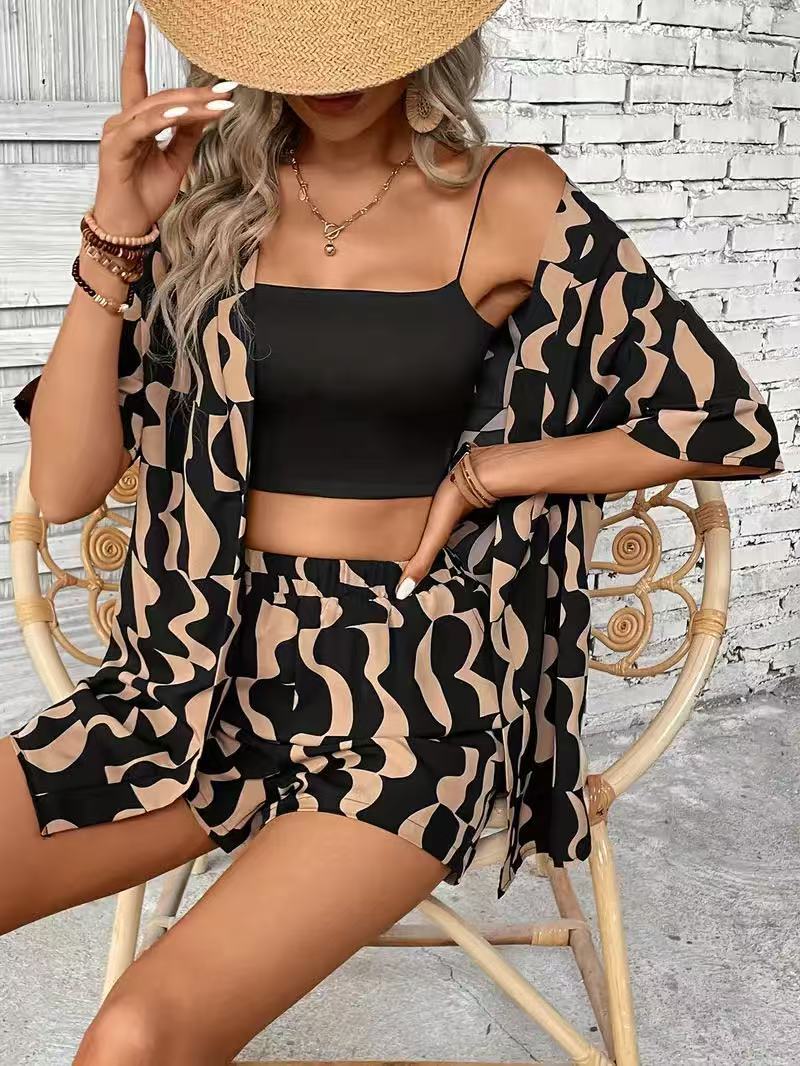 Clothes > Women's Clothing > Clothing Sets > Two-Piece Outfits Vacation Print Elegant Two-Piece Shirt Short Sleeve Top Lace High Waist Shorts