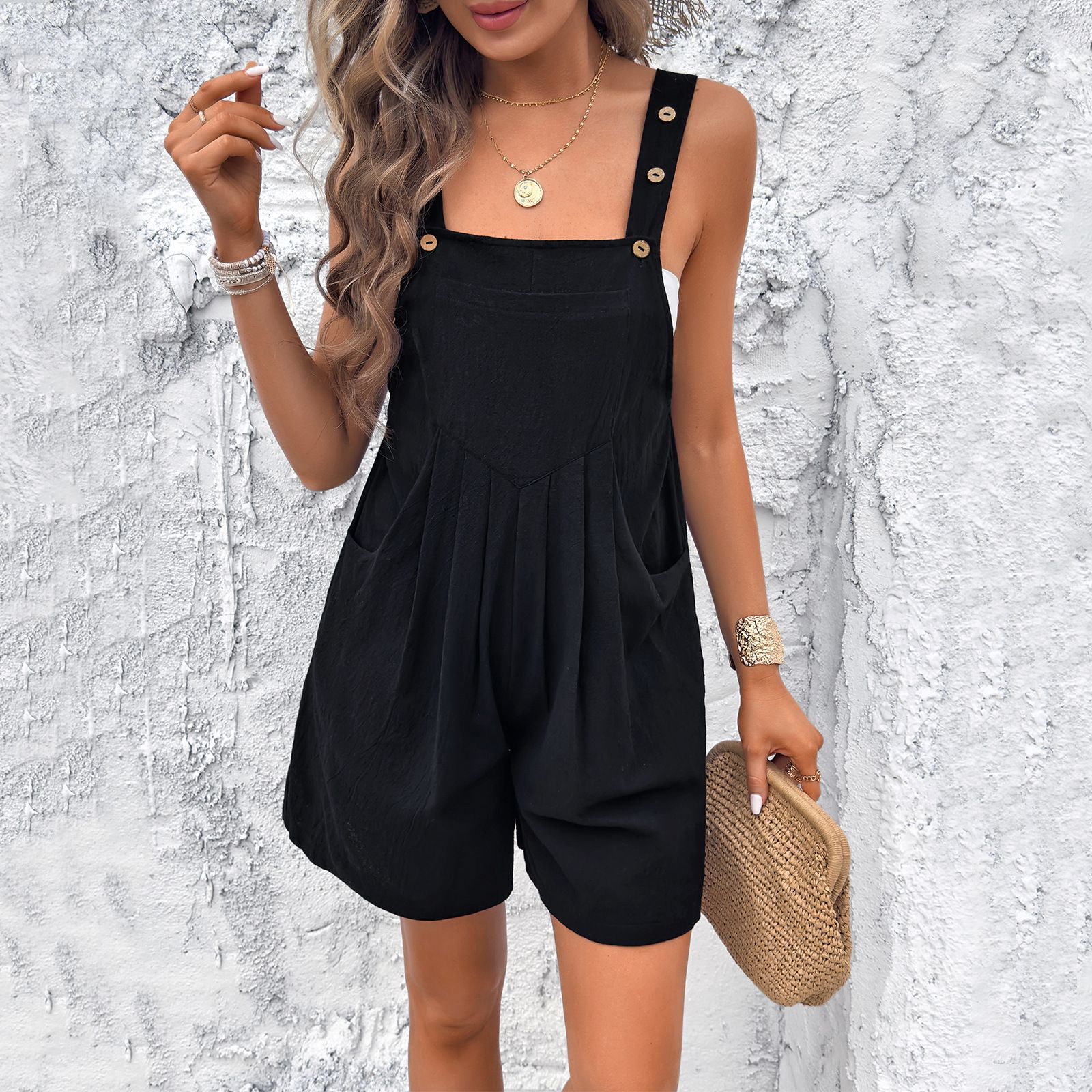 Clothes > Women's Clothing > Dresses European and American women's clothing spring and summer casual temperament solid color strap short jumpsuit