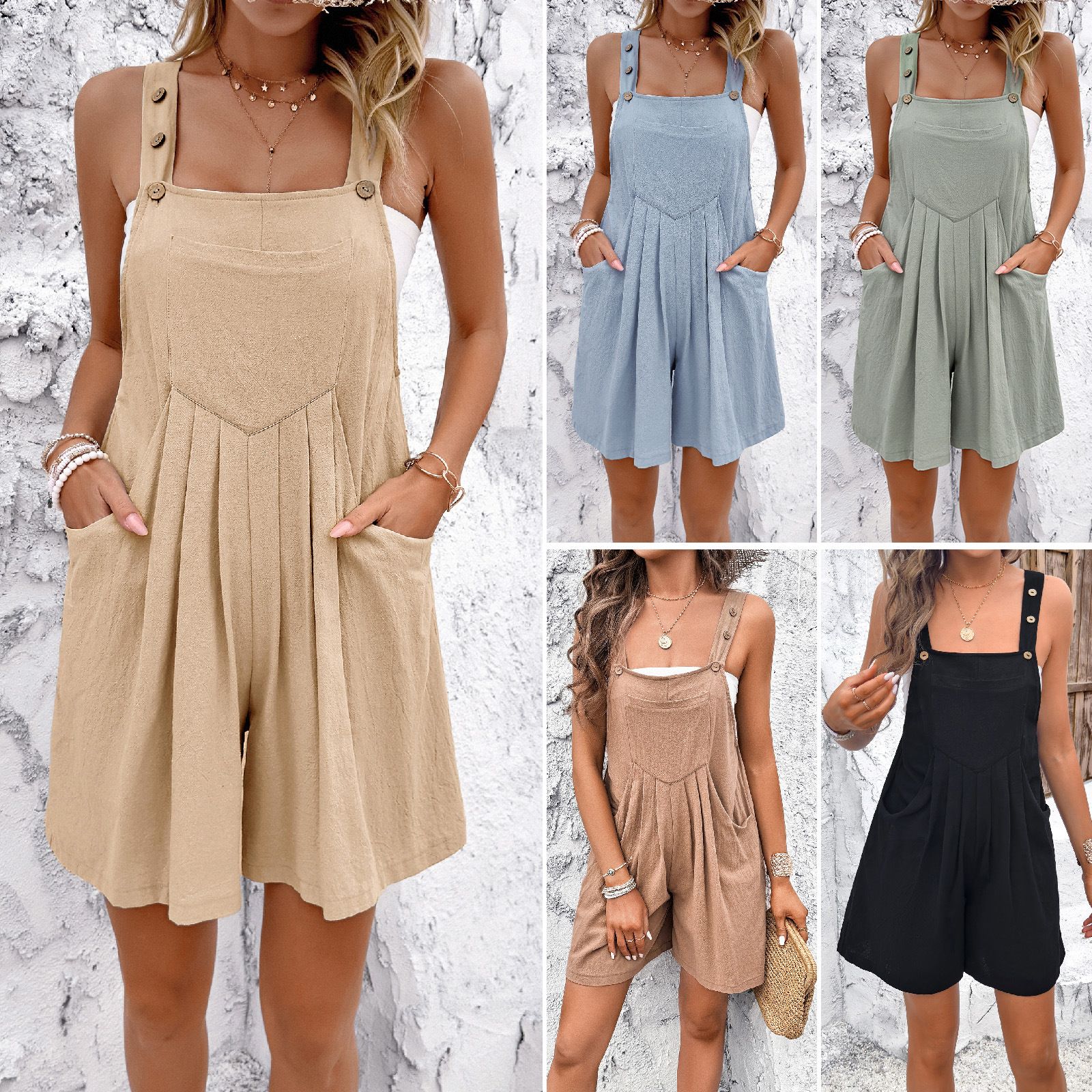 Clothes > Women's Clothing > Dresses European and American women's clothing spring and summer casual temperament solid color strap short jumpsuit
