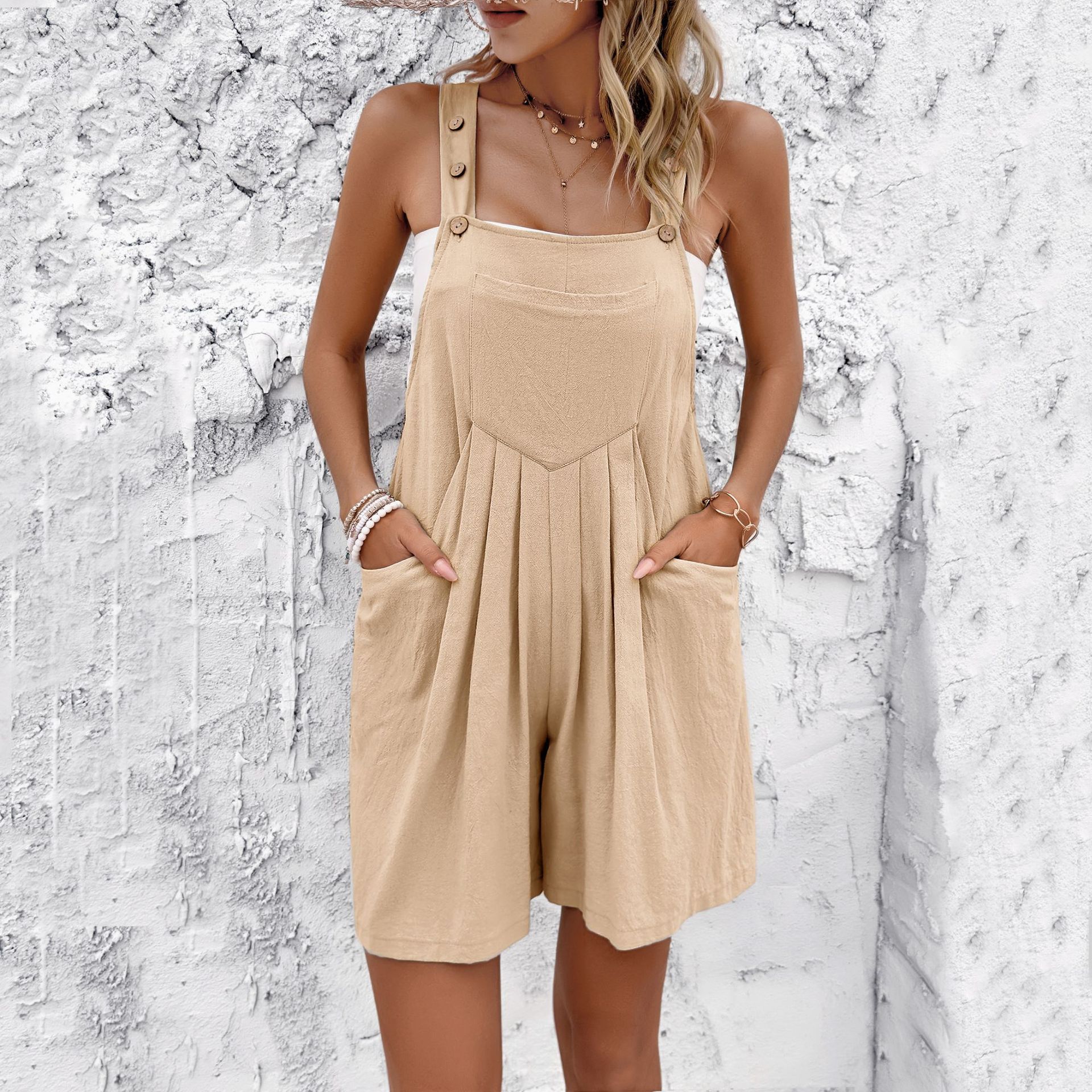Clothes > Women's Clothing > Dresses European and American women's clothing spring and summer casual temperament solid color strap short jumpsuit