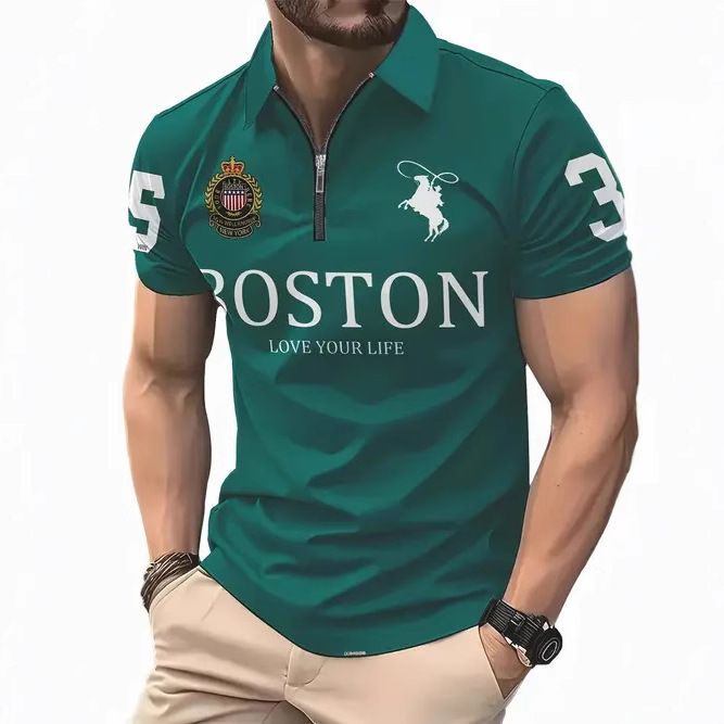 Clothes > Men's Clothing > Tops > T-Shirts  New European and American fashion trend casual versatile short-sleeved button POLO shirt 3D printed T-shirt