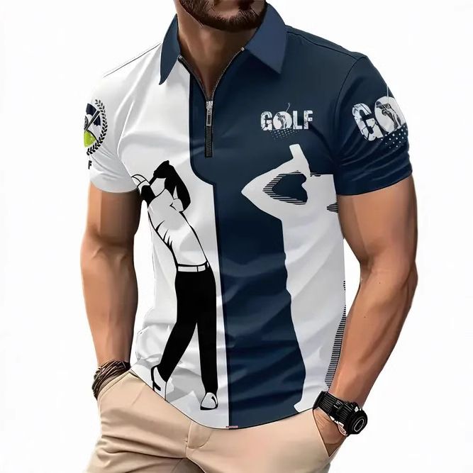 Clothes > Men's Clothing > Tops > T-Shirts  New European and American fashion trend casual versatile short-sleeved button POLO shirt 3D printed T-shirt