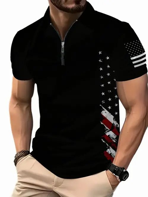 Clothes > Men's Clothing > Tops > T-Shirts  New European and American fashion trend casual versatile short-sleeved button POLO shirt 3D printed T-shirt