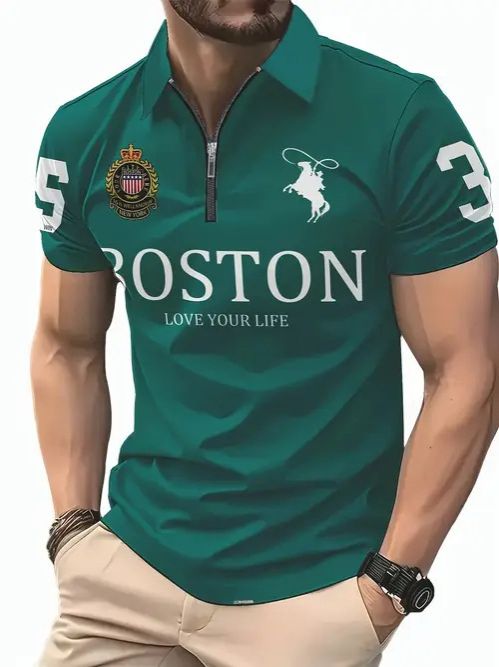 Clothes > Men's Clothing > Tops > T-Shirts  New European and American fashion trend casual versatile short-sleeved button POLO shirt 3D printed T-shirt
