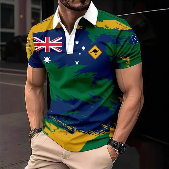 Clothes > Men's Clothing > Tops > T-Shirts  New European and American fashion trend casual versatile short-sleeved button POLO shirt 3D printed T-shirt