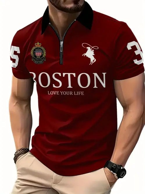 Clothes > Men's Clothing > Tops > T-Shirts  New European and American fashion trend casual versatile short-sleeved button POLO shirt 3D printed T-shirt