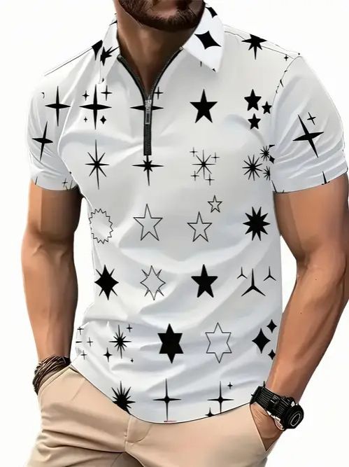 Clothes > Men's Clothing > Tops > T-Shirts  New European and American fashion trend casual versatile short-sleeved button POLO shirt 3D printed T-shirt