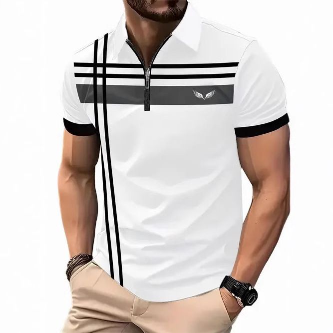 Clothes > Men's Clothing > Tops > T-Shirts  New European and American fashion trend casual versatile short-sleeved button POLO shirt 3D printed T-shirt