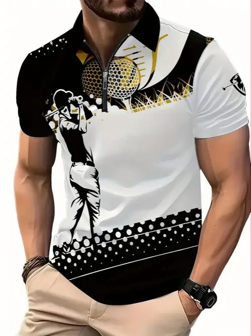 Clothes > Men's Clothing > Tops > T-Shirts  New European and American fashion trend casual versatile short-sleeved button POLO shirt 3D printed T-shirt