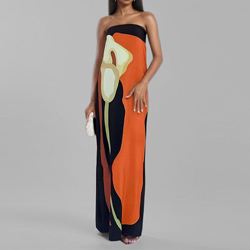 Clothes > Women's Clothing > Dresses Spring dress European and American women's fashionable sleeveless off-shoulder strapless sexy backless printed dress