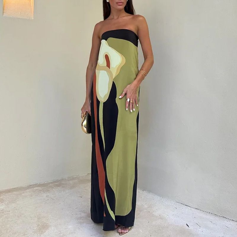 Clothes > Women's Clothing > Dresses Spring dress European and American women's fashionable sleeveless off-shoulder strapless sexy backless printed dress