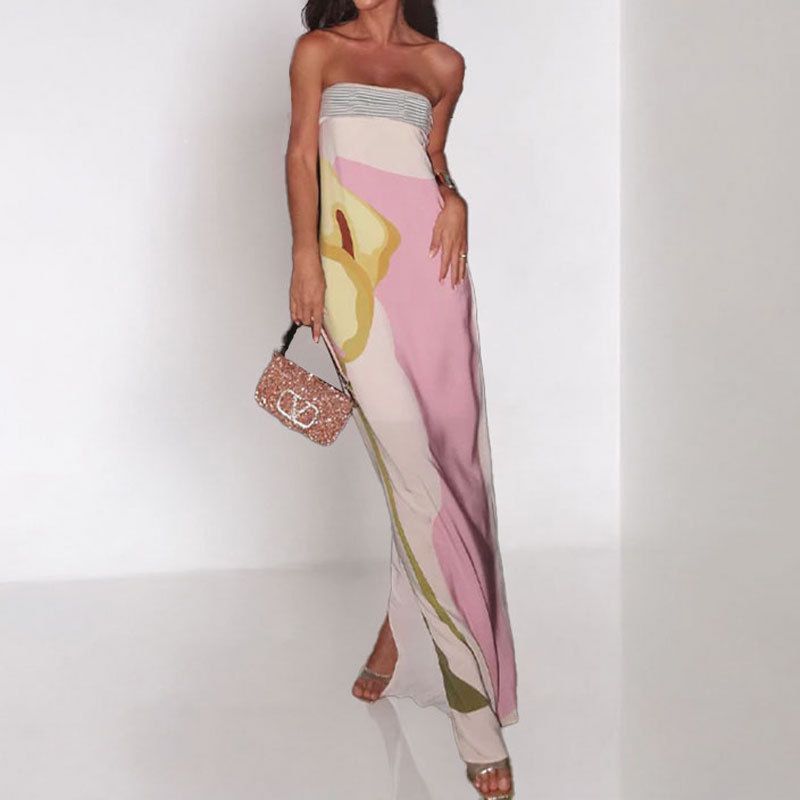 Clothes > Women's Clothing > Dresses Spring dress European and American women's fashionable sleeveless off-shoulder strapless sexy backless printed dress