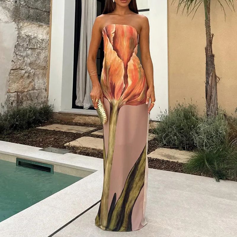 Clothes > Women's Clothing > Dresses Spring dress European and American women's fashionable sleeveless off-shoulder strapless sexy backless printed dress